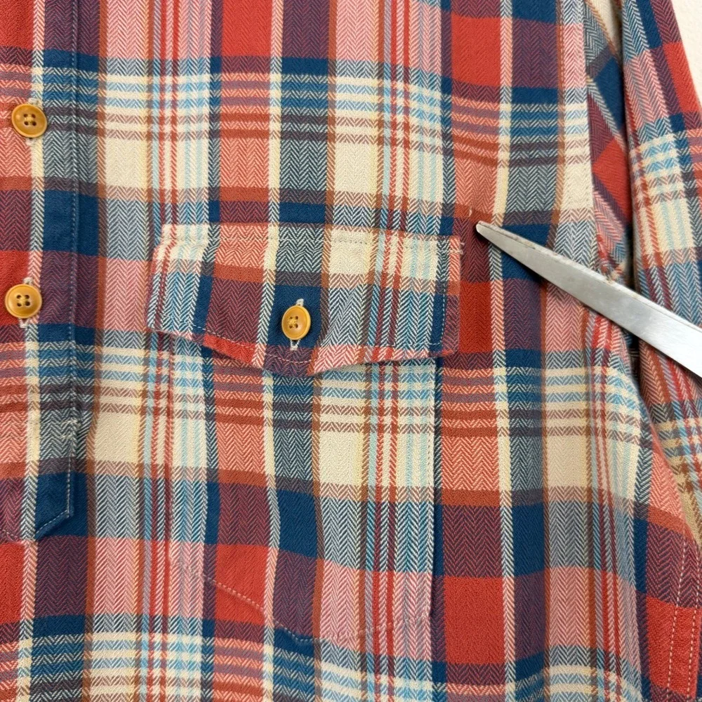 J.Crew Mens Plaid Flannel Popover Shirt Red Blue Herringbone Cotton Large